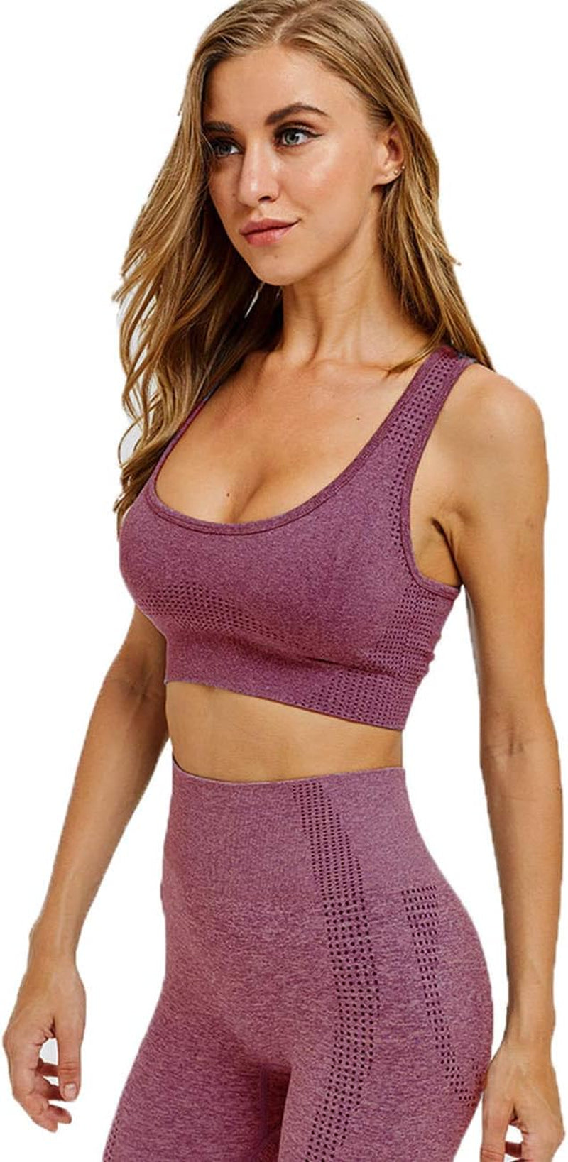 Women Seamless Yoga Workout Set 2Pcs Outfits Gym Leggings and Sports Bra (Wine, Small)