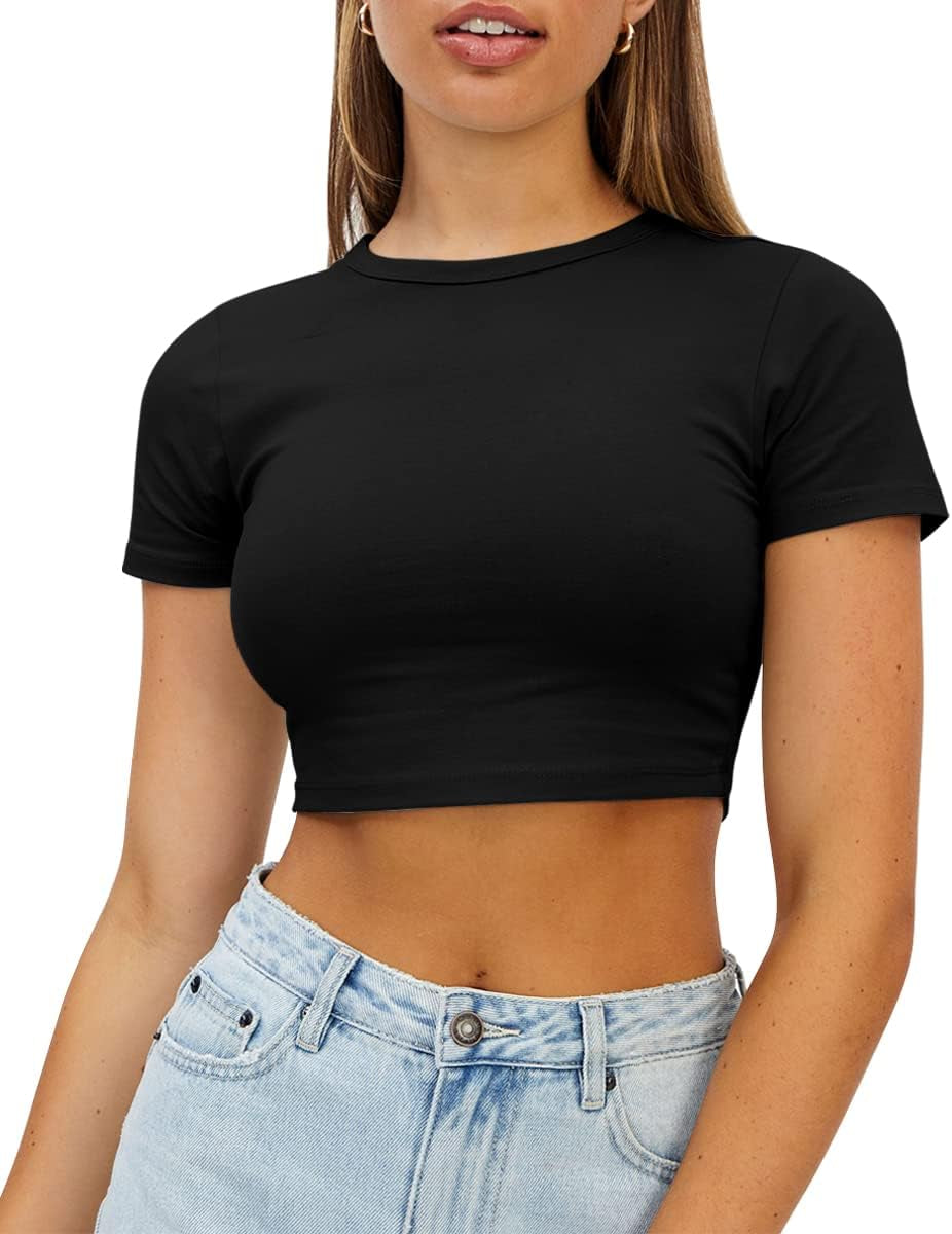 Womens Crop Tops Cute Summer Scoop Neck Basic Tees Slim Fit Trendy Short Sleeve T Shirts for Teen Girls 2025