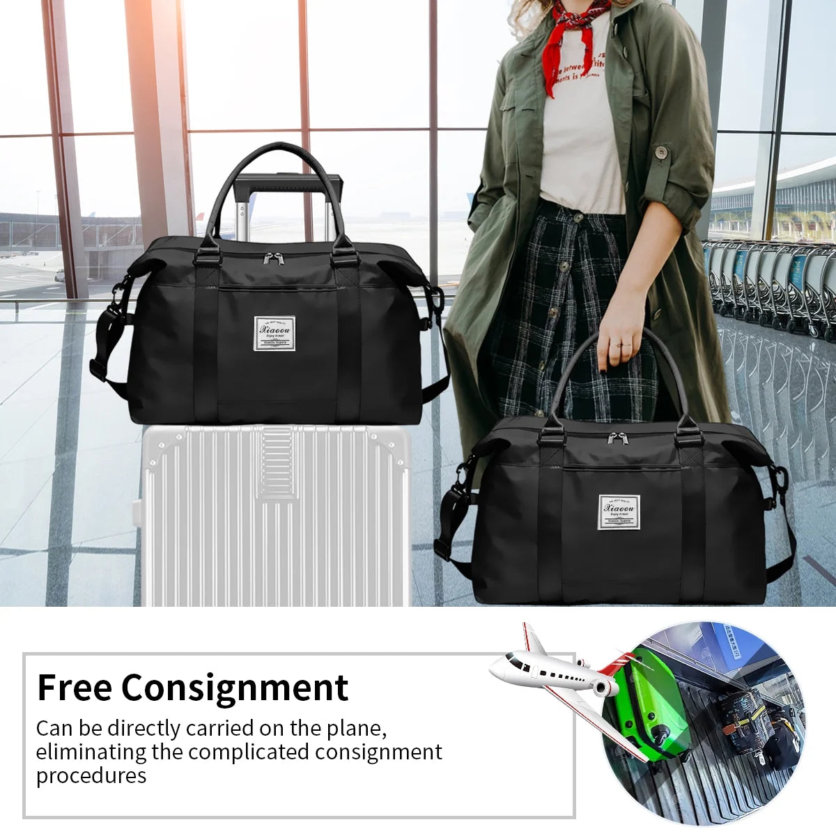 37L Waterproof Duffle Bag for Women, Tear-Resistant Gym Travel Bag with Adjustable Shoulder Strap & Trolley Sleeve, Airline Approved Carry-On Weekender Bag with Wet/Dry Pocket, Black