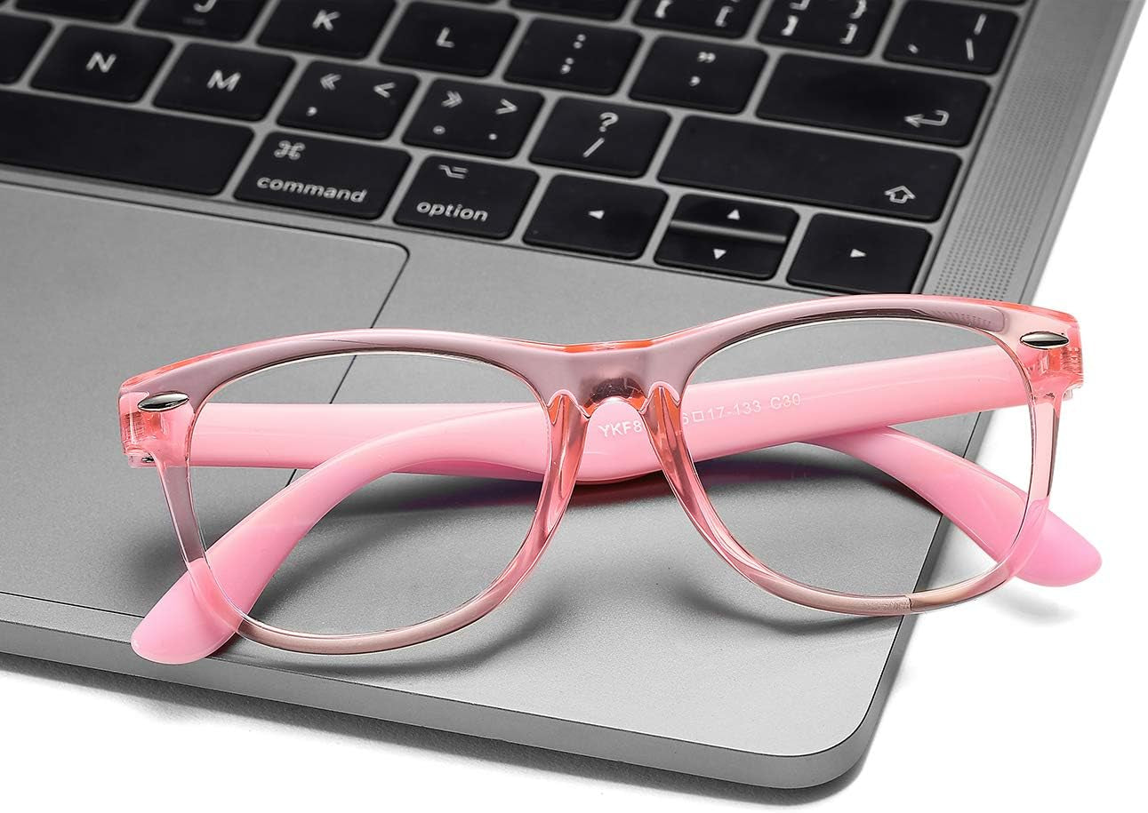 Kids Blue Light Blocking Glasses 2 Pack Unbreakable Frame for Boys & Girls-2 Pack(Transparent Pink+Transparent Purple)